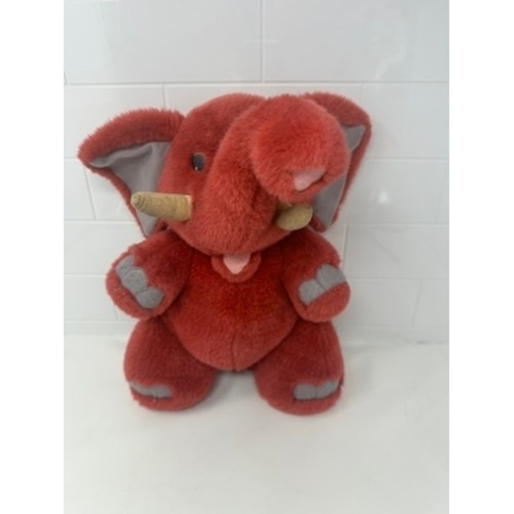 Vintage Red‎ Elephant Plush Stuffed Animal Gold Tusks 13 Inch